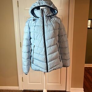 Tommy Hilfiger Women's Size M Light Blue Puffer Winter Coat Hooded Winter Skiing